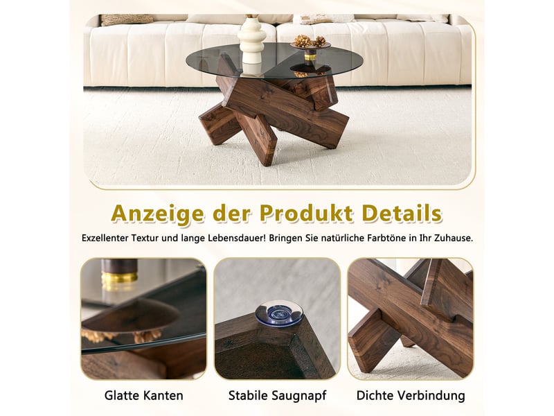  Table basse ronde avec plateau en verre trempé - lpospi - piètement géométrique sculptural mdf noyer  - Conforama E