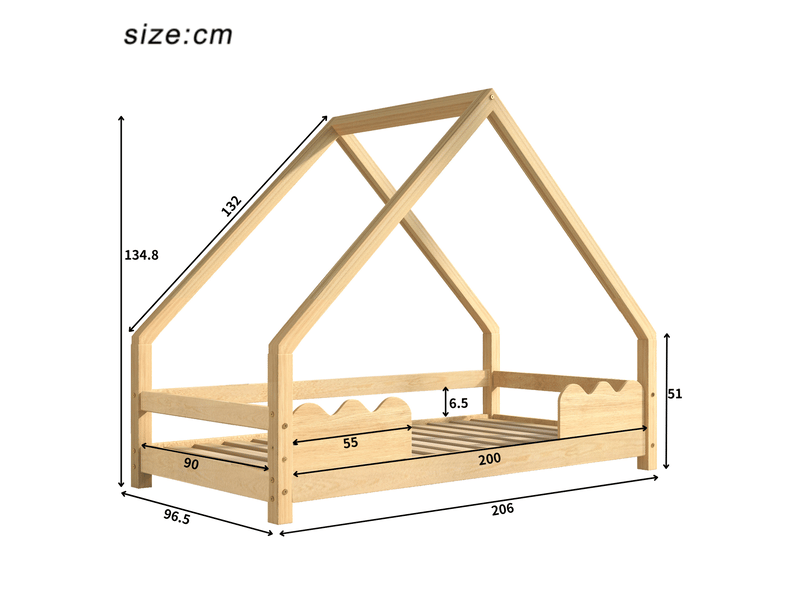  Lit cabane enfant 90x200 cm avec barrières anti-chute, bois, naturel sans matelas  - Conforama D