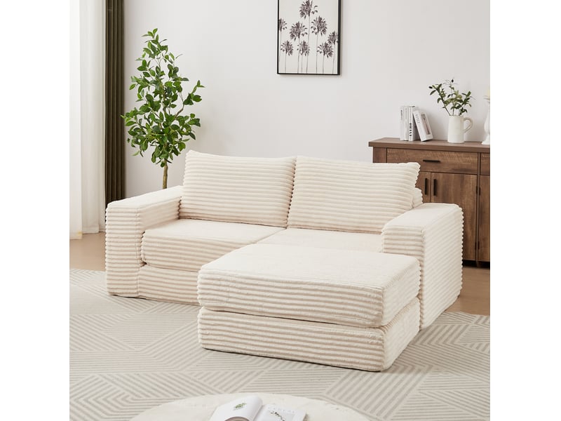Canapé convertible ulevr 2 places modulable avec pouf amovible, velours côtelé beige, 194 x 169,5 x 74 cm - Conforama B