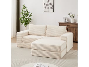 Canapé convertible ulevr 2 places modulable avec pouf amovible, velours côtelé beige, 194 x 169,5 x 74 cm
