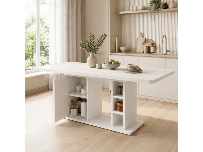  Table à manger extensible 140180 x 80 cm blanche avec rangement  - Conforama D
