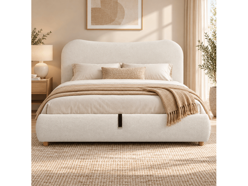  Lit coffre double 180x200 cm hydraulique avec sommier, tissu bouclette blanc  - Conforama D