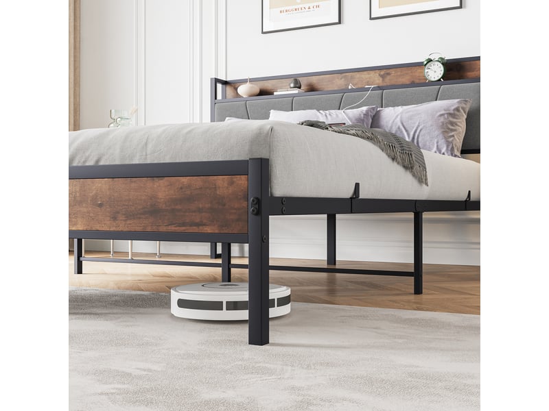  Lit double 140×200 cm avec tête de lit, rangement, led réglable, usb et prise - okmyhome- marron antique, sans matelas  - Conforama E