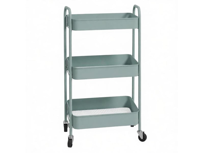  Desserte roulante 45 x 30,6 x 79 cm – bleu clair – 3 plateaux ouverts en acier, 4 roulettes et 2 freins  - Conforama A