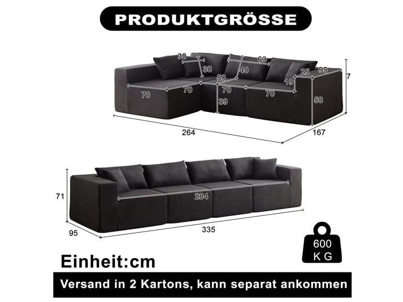  Canapé d'angle modulable 4 places en velours côtelé noir evryae  - Conforama E