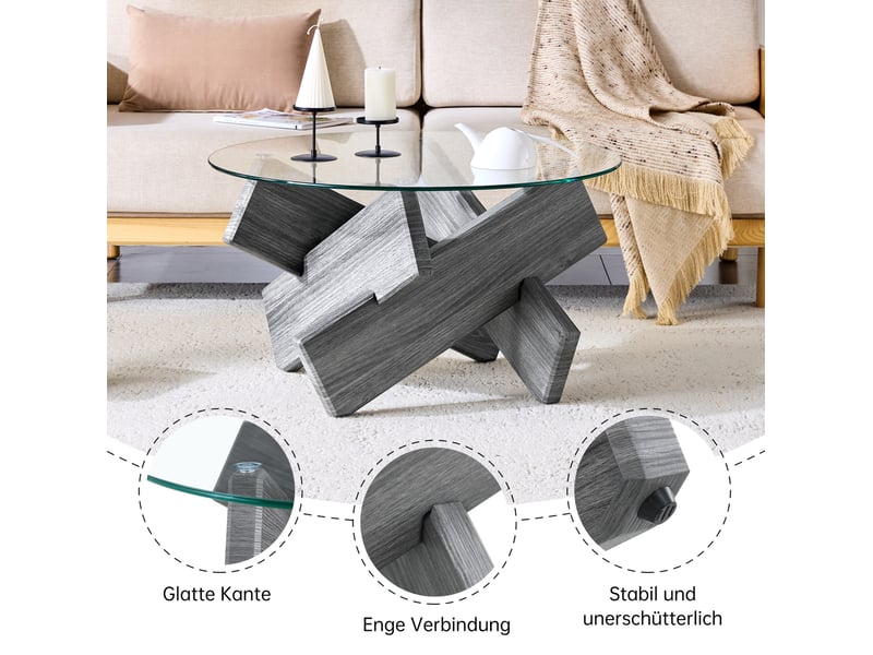  Table basse ronde 79x79x45 cm, meuble de salon, design en croix, plateau en verre, pieds en mdf, gris et transparent  - Conforama E