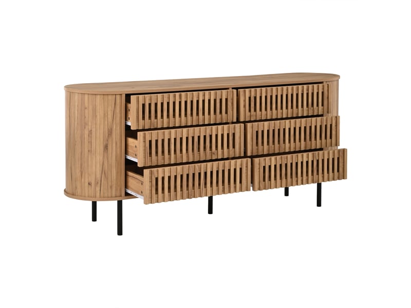 Buffet 160x40x70 cm bois naturel avec 6 tiroirs, façades rainurées et pieds métal - Conforama E