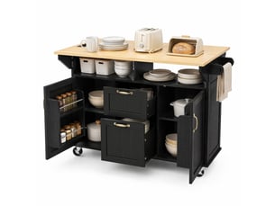 Desserte de cuisine à roulettes avec 2 portes, 2 tiroirs, plateau rabattable et prises pour cuisine, 120×40-80×92 cm