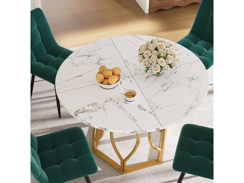  Ensemble repas 5 pièces avec table ronde diamètre 100 cm, plateau blanc effet marbre et 4 chaises en velours vert foncé  - Conforama B