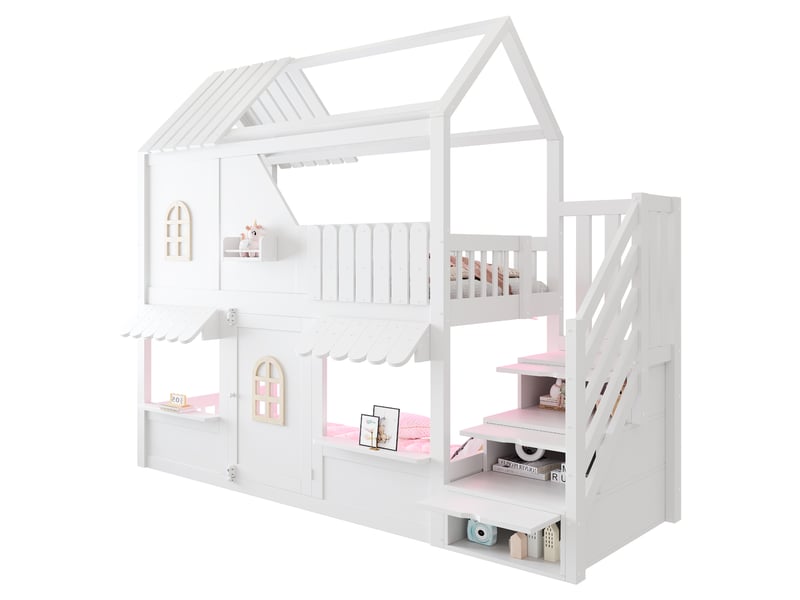 Lit superposé cabane 90x200 cm, lit enfant maison avec toit, led, échelle avec rangement et étagères, bois blanc Radiant Stride - Conforama A