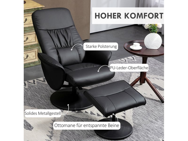  Fauteuil relax pivotant avec repose-pieds 76x81x101 cm – noir – dossier inclinable 145° en simili cuir  - Conforama E