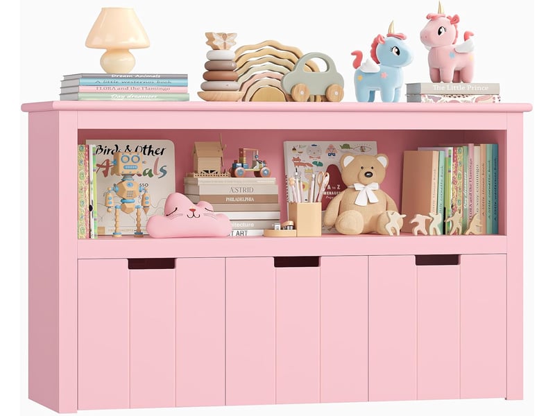  Meuble rangement jouet bibliothèque pour enfants étagère armoire de rangement avec 3 tiroirs roulants rose 102x33x61.5cm  - Conforama A