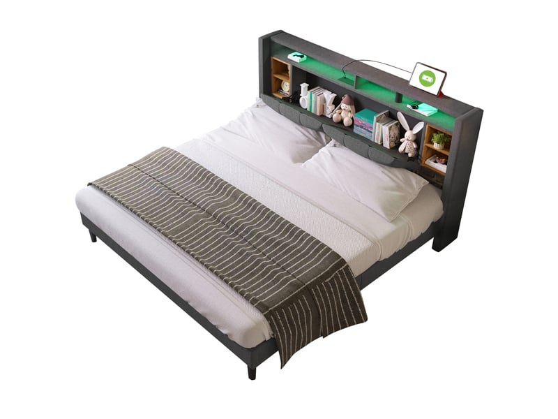  Lit double 160x200 cm avec rangement, tête de lit capitonnée avec LED et USB, lit rembourré avec sommier à lattes - Gris (Sans matelas) Fay Lum - Conforama A
