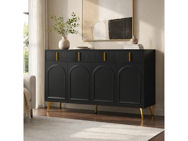  Buffet bas noir avec poignées et pieds dorés, 4 portes et 4 tiroirs, 140 x 38 x 82 cm  - Conforama D
