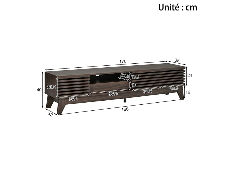  Meuble tv noyer 150 cm en mdf avec portes à persiennes et tiroir  - Conforama D