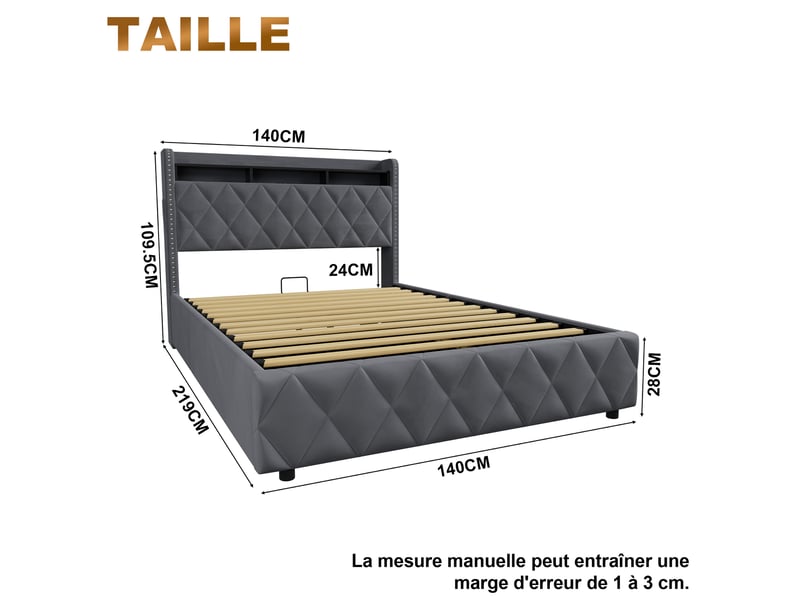  Lit coffre 140x200 cm, lit double adulte avec lumières led, fonctions de chargement et de rangement, velours gris, sans matelas  - Conforama C