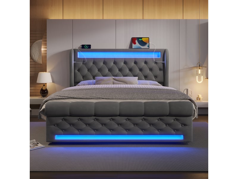 Lit coffre 160x200 cm - lit double avec rangement, led et prises usbtype-c, en velours gris - sans matelas - Conforama E