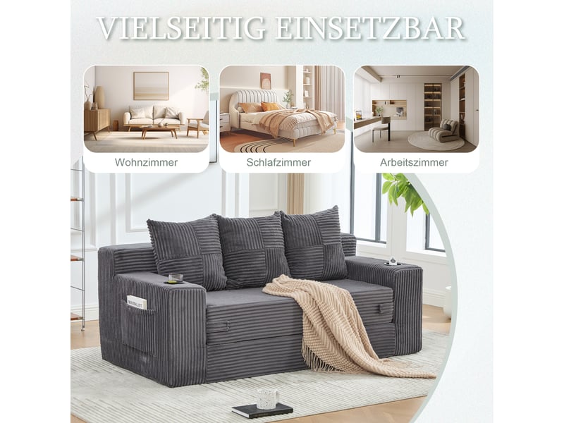  Canapé 2 places convertible en velours côtelé, porte-gobelets, poches latérales, modulaire sans montage  - Conforama E