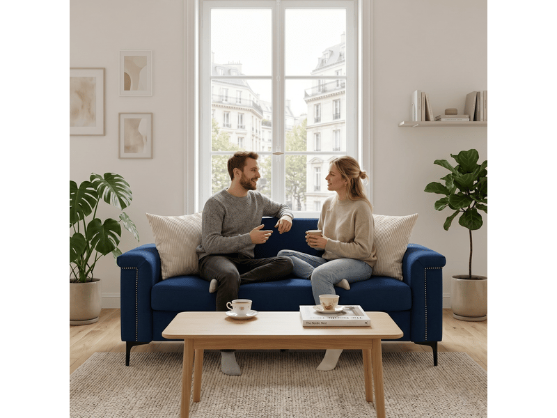  Canapé droit fixe 2 places bleu 172 cm en tissu polyester, style nordique, pieds métal, pour petit salon W3601S00007 - Conforama W