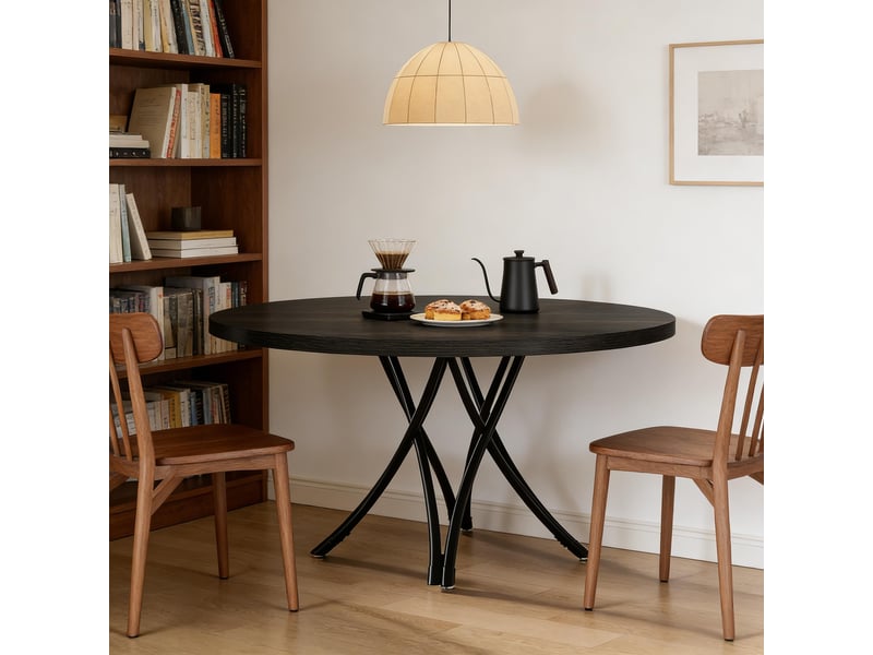 Table de salle à manger ronde 4 à 6 places gain de place, pieds croisés stables - lpospi - bois noir ø 120 cm - Conforama B