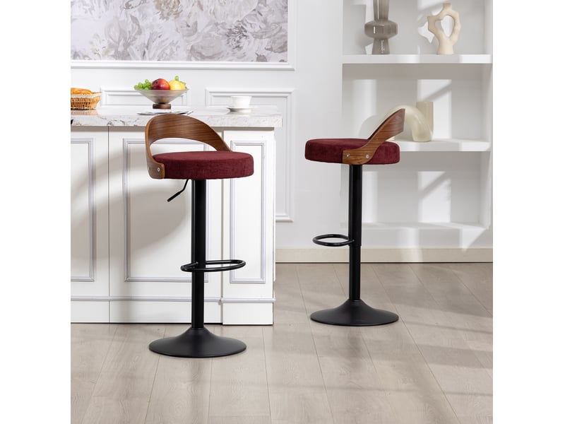  Lot de 2 tabourets de bar pivotants 360° avec dossier réglable et repose-pieds, en lin rouge vin  - Conforama C