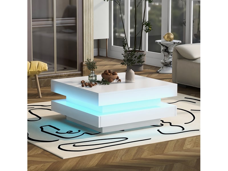  Table basse carrée 70x70x36 cm, plateau rotatif 360°, éclairage led, pour salon, panneau de particules, blanc brillant  - Conforama D