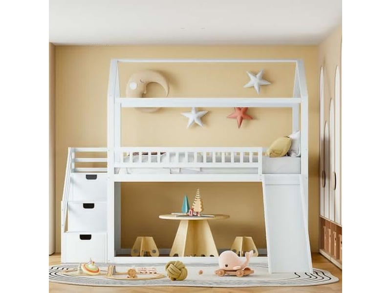  Lit enfant lit cabane 90x200 cm avec toboggan et échelle de rangement blanc  - Conforama B