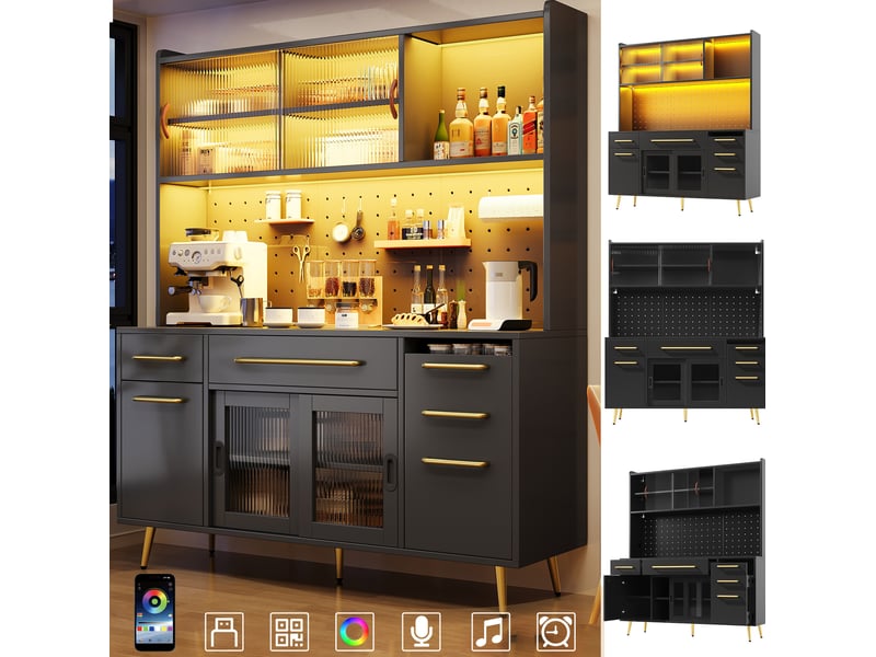 Meuble buffet rangement cuisine salon 145 cm noir mdf verre led portes coulissantes homvra - Conforama D