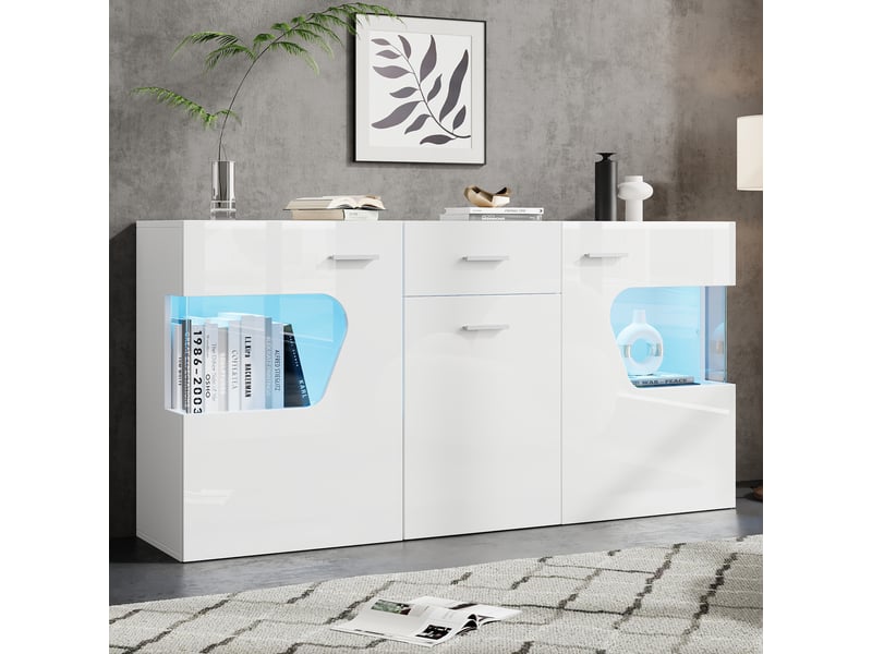 Buffet bas 140x33x70 cm avec led via appli, 3 portes, 1 tiroir, 8 rangements, verre trempé, façade blanc brillant, meuble salon et séjour - Conforama B