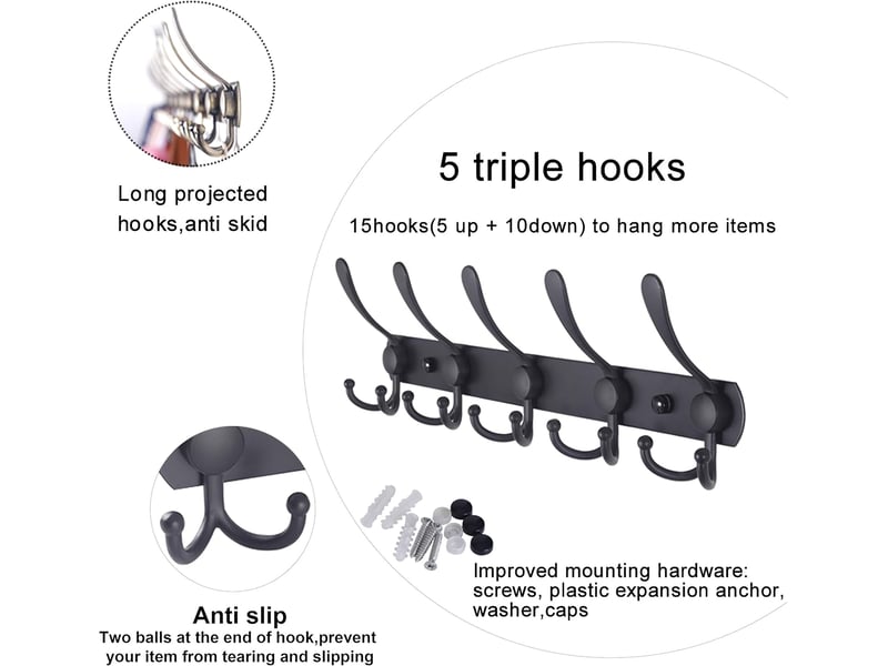Porte-manteau mural avec 5 crochets triples, patère noire moderne pour vêtements, sacs et chapeaux, rangement entrée solide de haute qualité - Conforama B