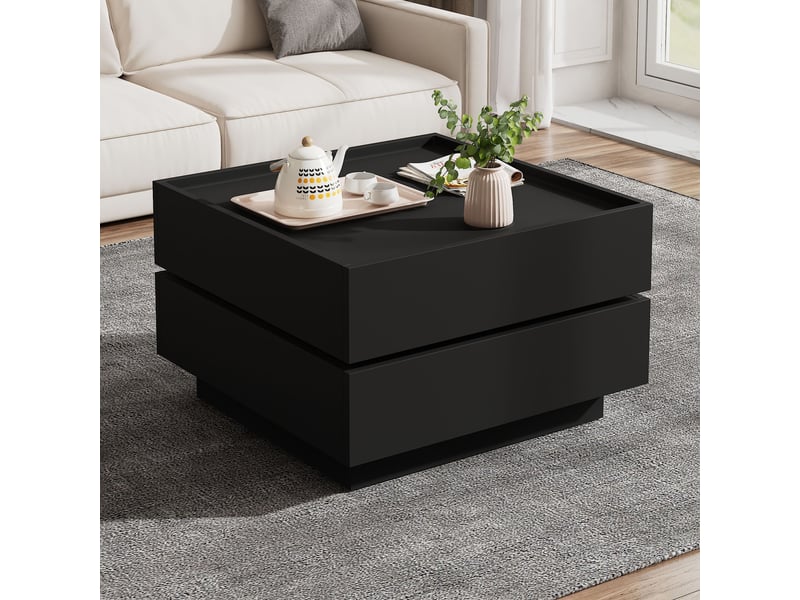  Table basse rotative 360° noire 60x60 cm avec 2 tiroirs de rangement pour salon  - Conforama E