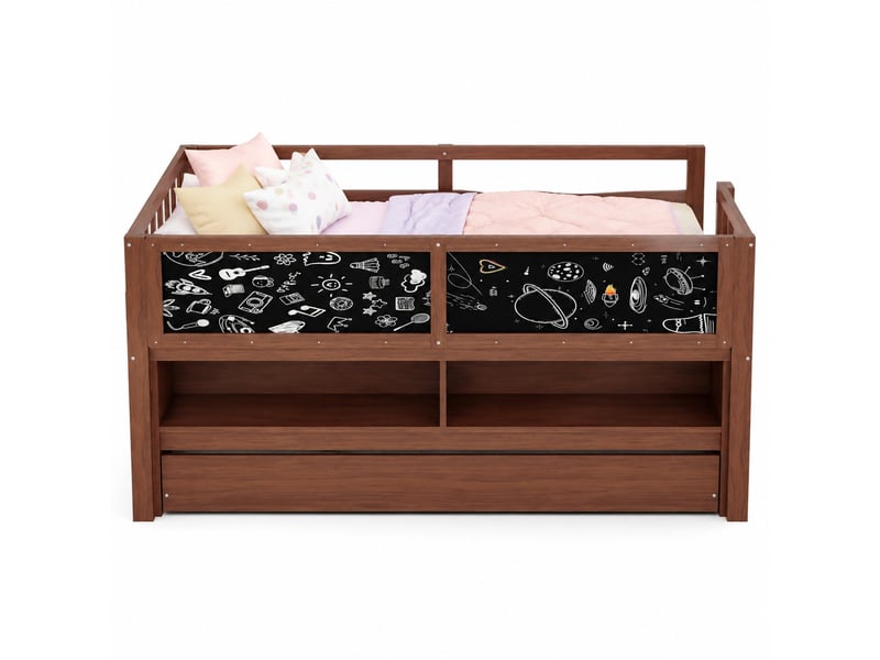 Lit mezzanine enfant 200×90 cm avec couchage gigogne, rangements ouverts et tableau à craie, en bois brun - Conforama A