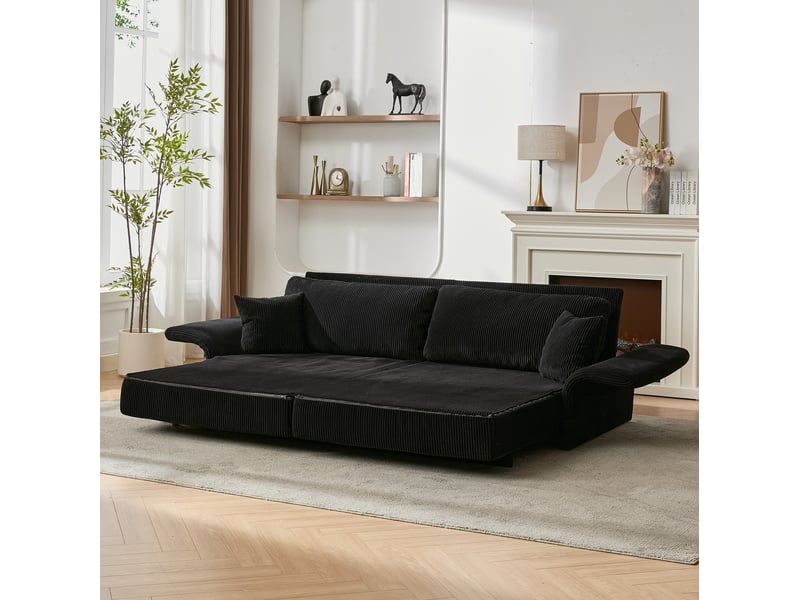 Canapé convertible 2 places avec couchage d'appoint et assise à ressorts, en velours côtelé noir, 182 × 88 × 84 cm - Conforama D