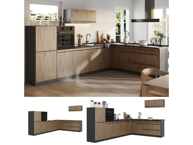  Vicco cuisine en angle, chêne artisananthracite, 327 x cm sans plan de travail  - Conforama D