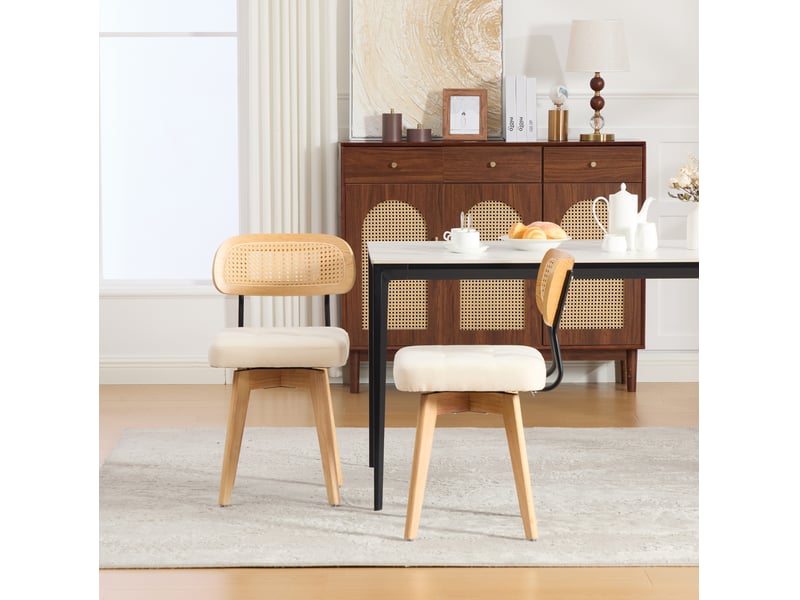  Lot de 2 chaises pivotantes 43x50x77 cm – beige – dossier tressé et assise en chenille  - Conforama E