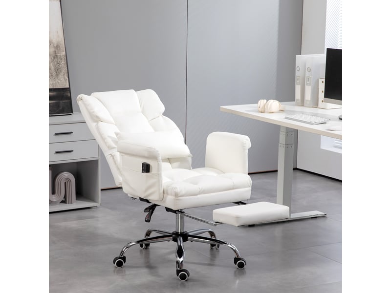  Chaise de bureau avec massage, similicuir blanc et repose-pieds rétractable  - Conforama C