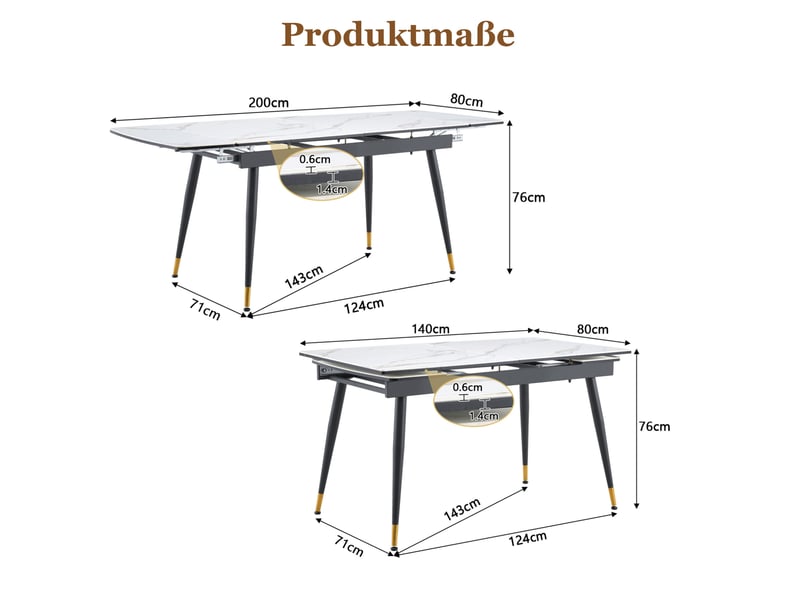 Table à manger extensible 140-200x80 cm blanche en pierre frittée, piètement métal noir, salle à manger  - Conforama C