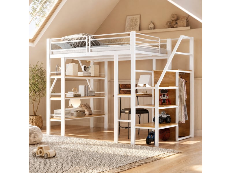  Lit mezzanine 140 x 200 cm blanc avec bureau, étagère et armoire  - Conforama D