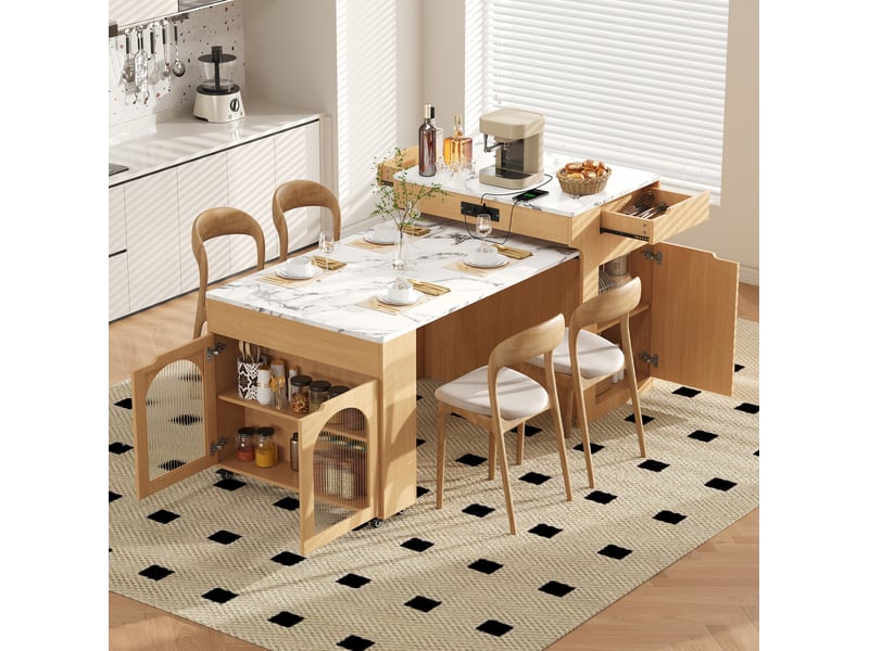  Desserte de cuisine extensible avec 2 tiroirs et étagères réglables, prises intégrées, naturel, 55–153 × 80 × 93 cm  - Conforama C
