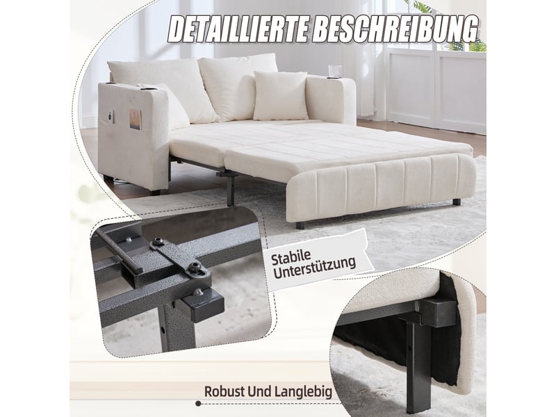  Canapé-lit 2 places convertible en tissu chenille, 4 coussins inclus, poches latérales, porte-gobelets, mousse haute densité, beige  - Conforama R