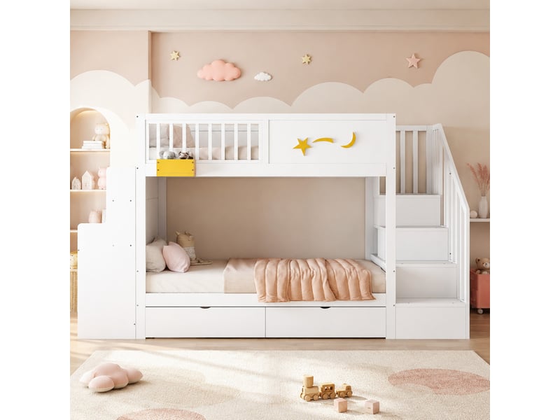  Lit superposé enfant blanc 90 x 200 cm avec bureau, escalier de rangement et tiroirs  - Conforama C