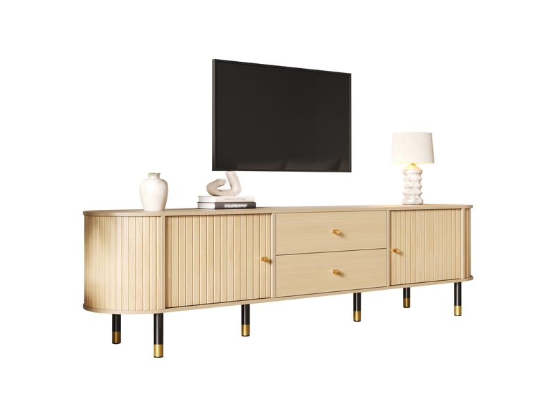  Meuble tv avec 2 portes coulissantes, 2 tiroirs et passe-câbles pour salon, finition bois naturel mat 180×40×58 cm  - Conforama A