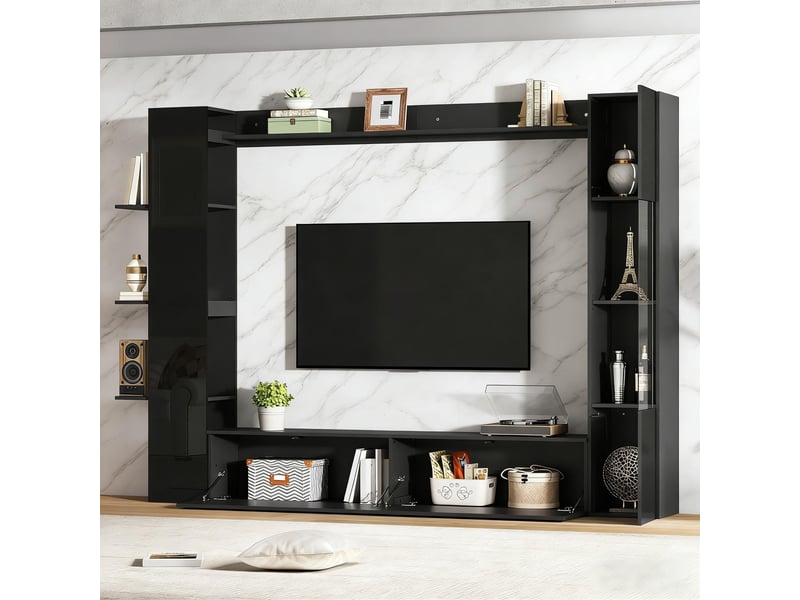  Meuble tv mural design avec vitrine réversible, ensemble de salon 4 pièces, grand espace de rangement, noir  - Conforama C