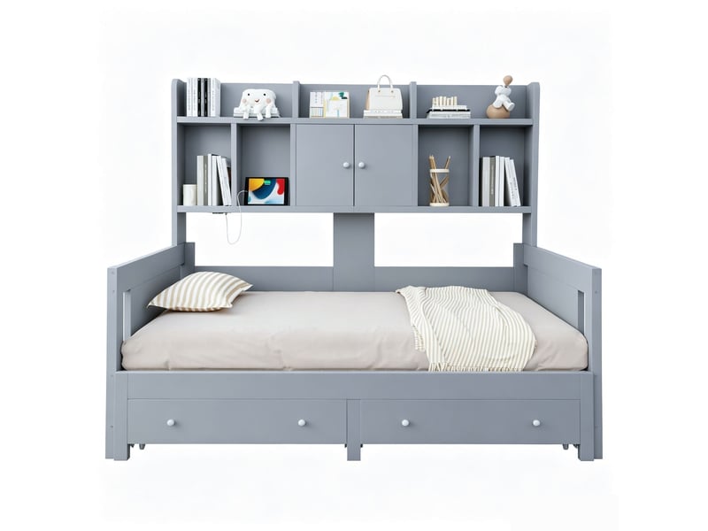  Lit avec tiroirs lit convertible multifonctionnel bois tiroirs de rangement compartiments de rangement ouverts prises intégrées éclairage led gris  - Conforama B