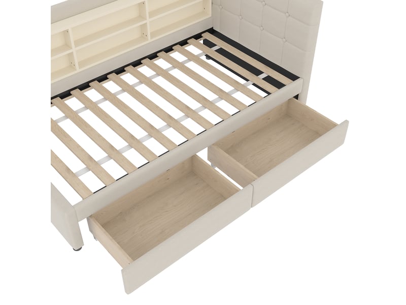  Lit banquette 90x200 cm en lin avec 2 tiroirs, ports usb et usb-c - beige  - Conforama E