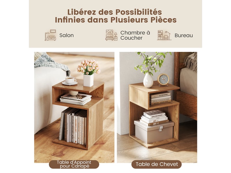 Table d'appoint en forme de s, table basse de rangement 33 x 33 x 50 cm, 3 niveaux avec compartiments ouverts et coussinets antidérapants, naturel  - Conforama D