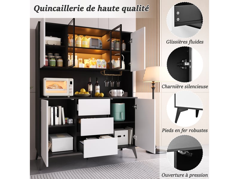  Vaisselier buffet haut armoire de salle à manger vitrine meuble de cuisine noir et blanc éclairage led app porte en verre 3 tiroirs  - Conforama D