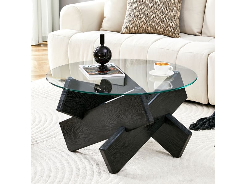  Table basse ø 79 cm, plateau verre trempé table basse salon, design épuré, pieds effet bois noir  - Conforama A
