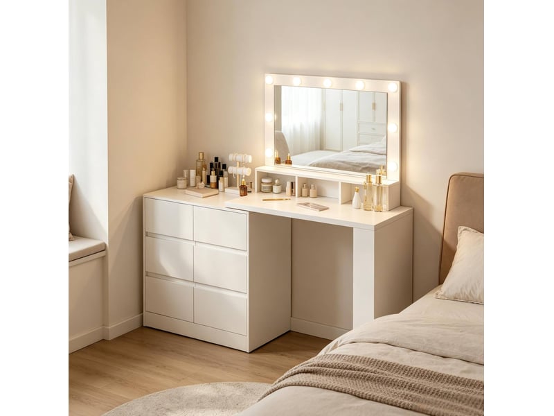 Coiffeuse blanche avec miroir led rectangulaire et rangements  - Conforama C