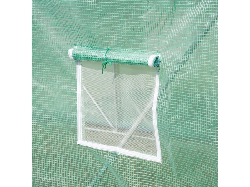  Serre de jardin tunnel 590x300x200 cm – verte – 8 fenêtres, porte enroulable et piquets d'ancrage  - Conforama D